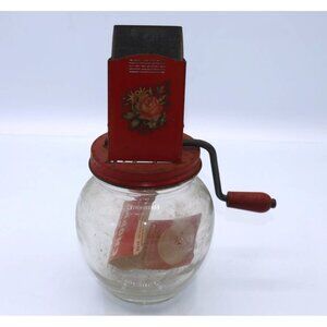 Vintage Red-And-Glass Androck Nut Meat Chopper With Hand Crank